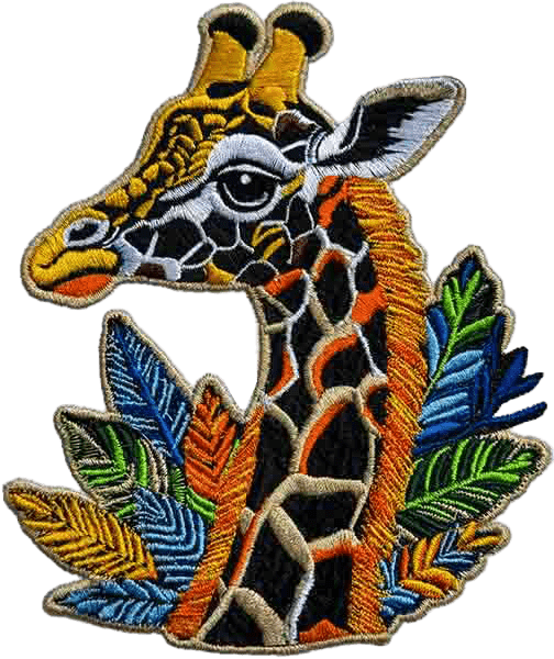 A beautifully digitized giraffe embroidery design, featuring highly detailed stitch work and vibrant leaf accents. The embroidery includes precise satin stitches, fill patterns, and intricate shading techniques, capturing the giraffe’s unique fur texture and realistic facial features. The surrounding foliage, stitched in bold blues, oranges, and greens, enhances the artistic and decorative appeal. This professional-quality design is ideal for apparel embroidery, patches, and custom textile applications.