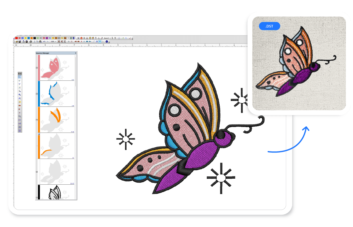 Embroidery digitizing software interface displaying a butterfly embroidery design with satin and fill stitches, along with a preview of the stitched-out DST embroidery file on fabric. The design includes digitized stitch paths, color layers, and embroidery sequencing for optimal machine embroidery production. A seamless transition from vector artwork to embroidery file format is showcased, highlighting precision in stitch mapping, underlay techniques, and thread color blending for high-quality embroidery output.