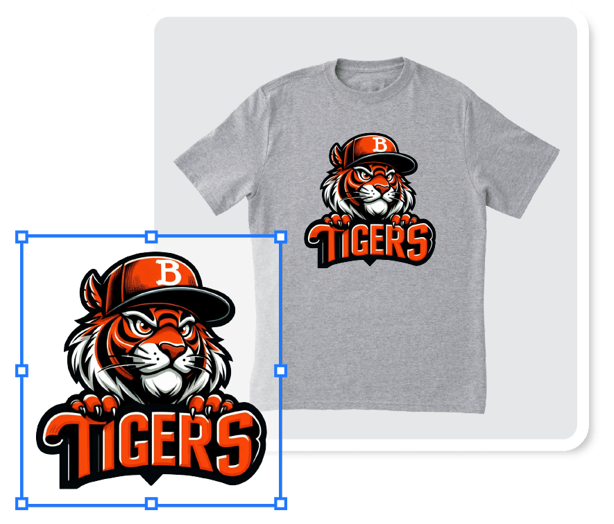 Close-up of tiger mascot vector art design displayed on a t-shirt – showcasing a detailed, vibrant vector graphic.