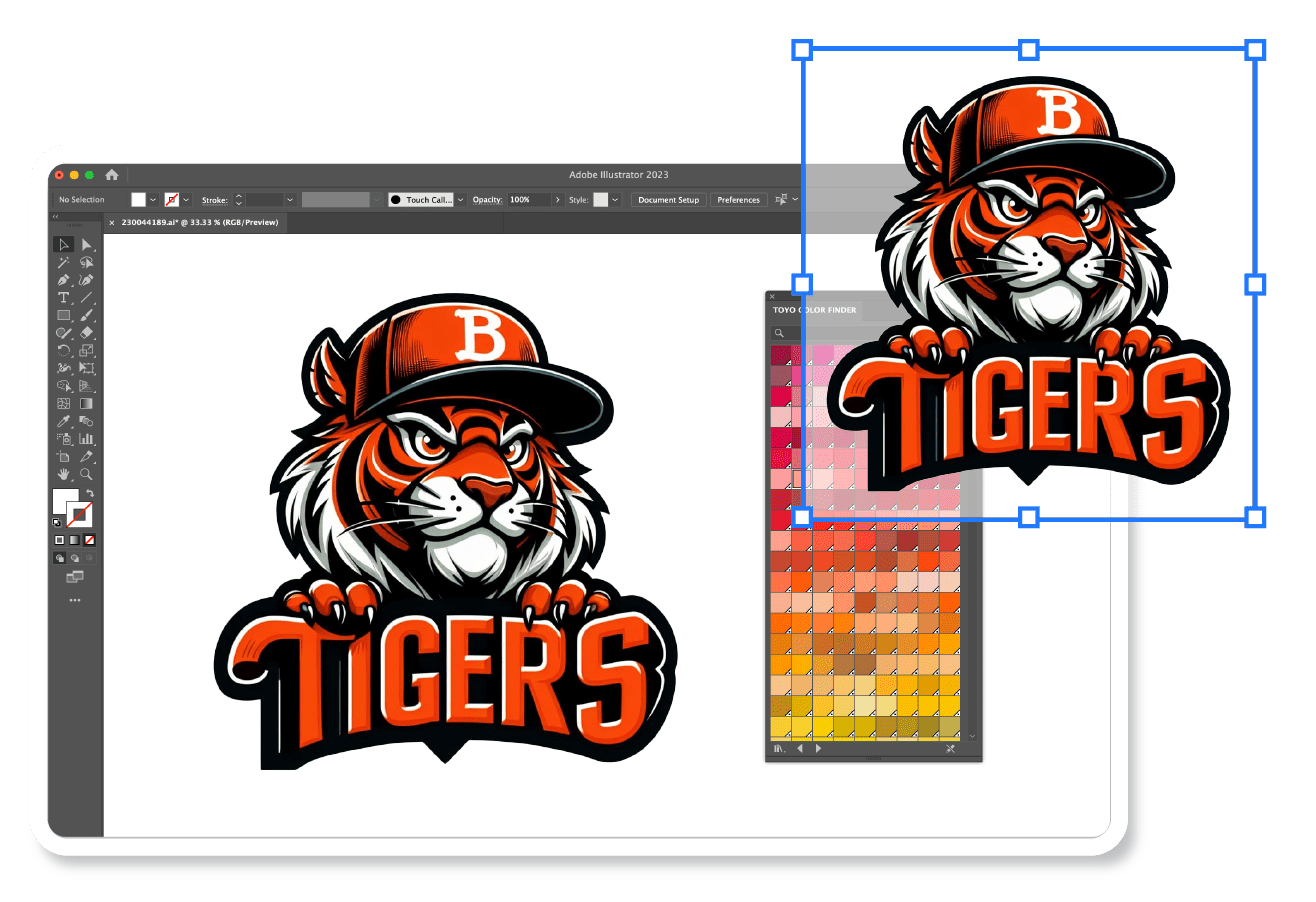 Sports tiger mascot wearing a hat, displayed on a software background showcasing vector design.