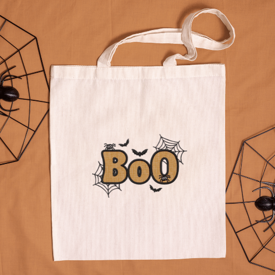 Halloween tote bag with 'BOO' letters applique in the center – festive embroidered design for spooky season