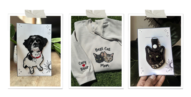 Embroidered pet portraits on different blanks – keychain, patch, and sweatshirt showcasing custom pet embroidery.