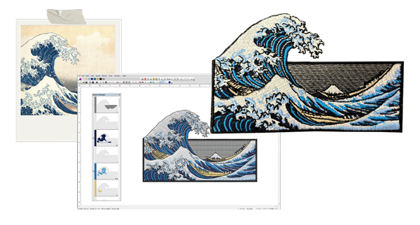 The Great Wave off Kanagawa embroidered patch – before and after digitizing and stitching comparison